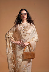 White and Gold Floral Handloom Weaving Pure Georgette Silk Saree